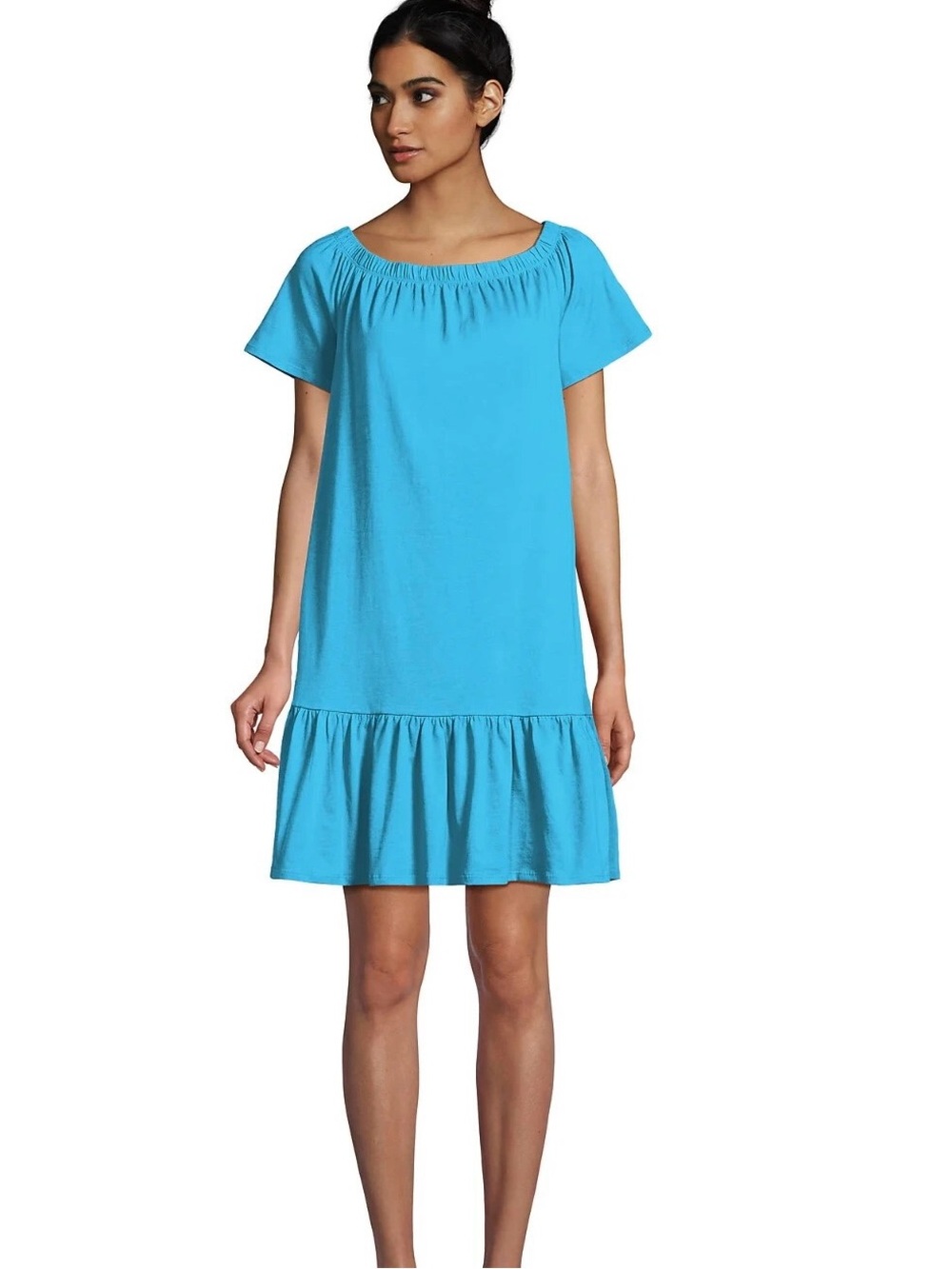 Lands End Cotton Jersey Off Shoulder Ruffle Dress Turquoise Blue 2X